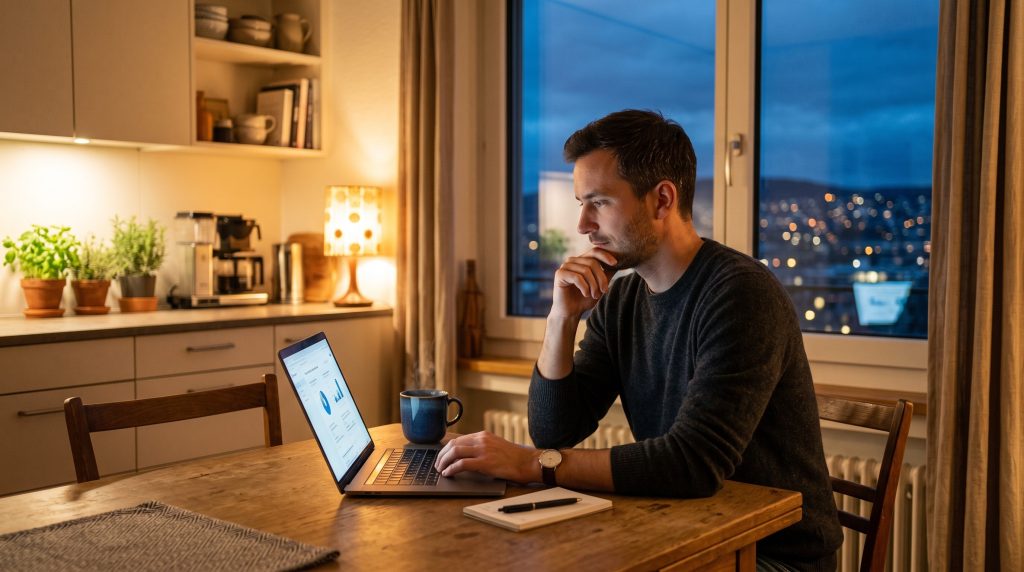 Mann sitzt abends am Laptop zuhause und vergleicht Online Casino Angebote, im Hintergrund eine Schweizer Stadt bei Dämmerung