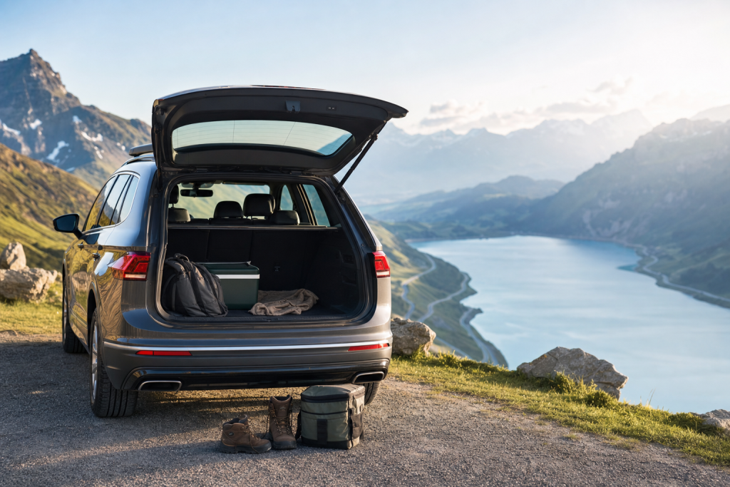 Auto steht an einem Aussichtspunkt mit Blick auf einen Schweizer Bergsee am Morgen