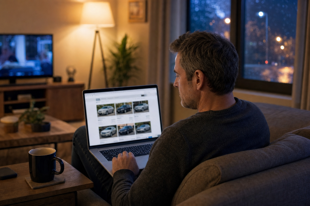 Gemütliches Wohnzimmer am Abend, Person mit Laptop auf dem Sofa, warmes Licht